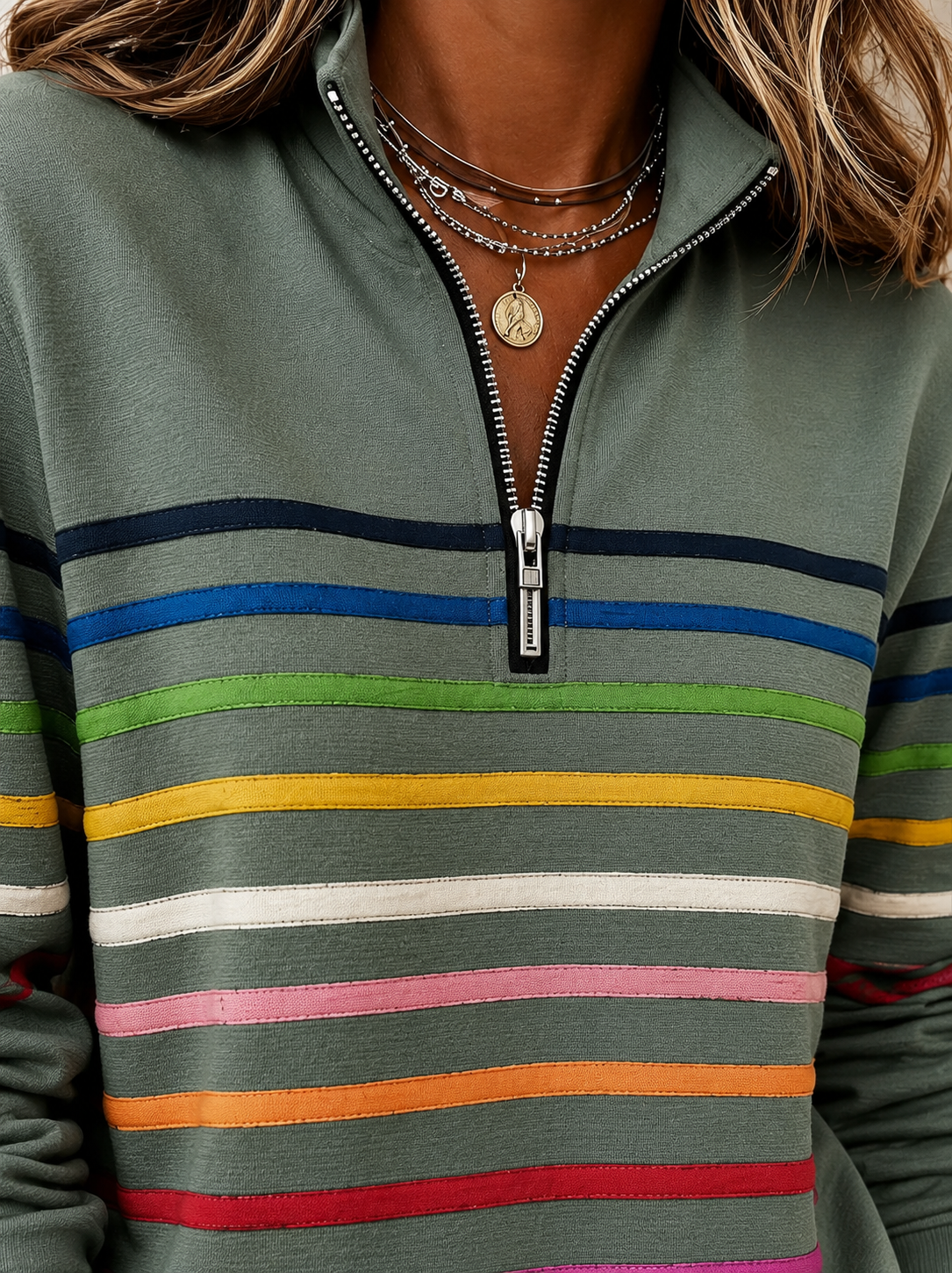 Maglione a Righe Colorate con Zip