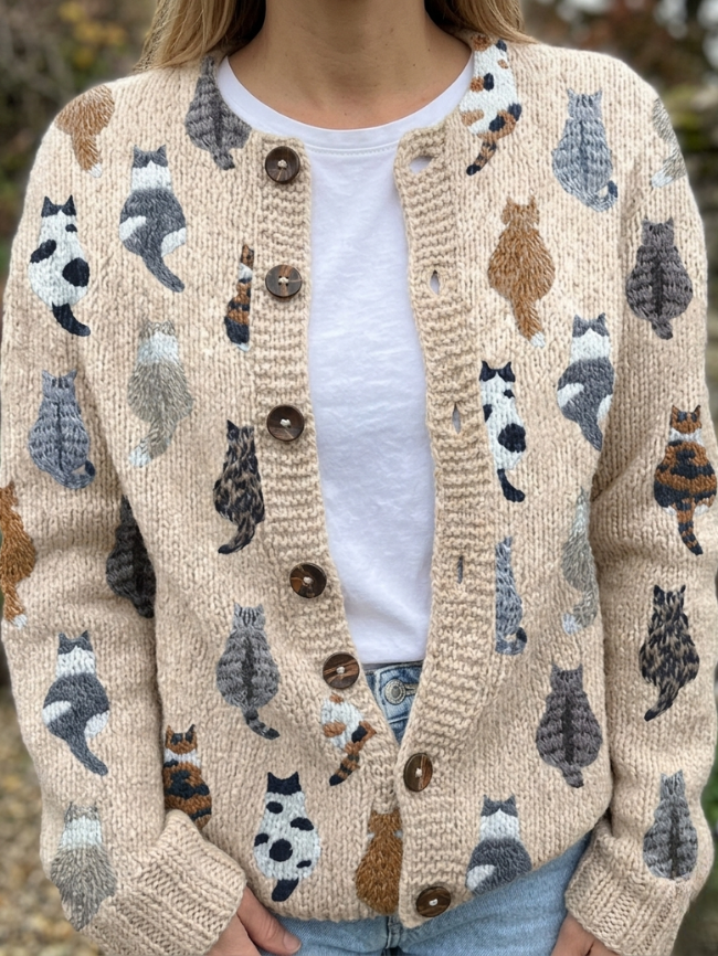 Cardigan in maglia con stampa di gatti