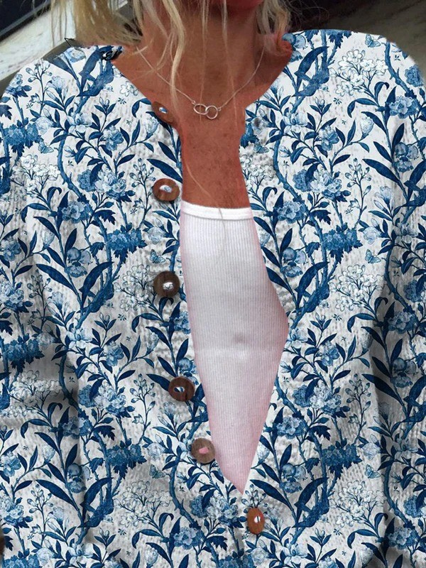 Cardigan indaco con uccelli e fiori