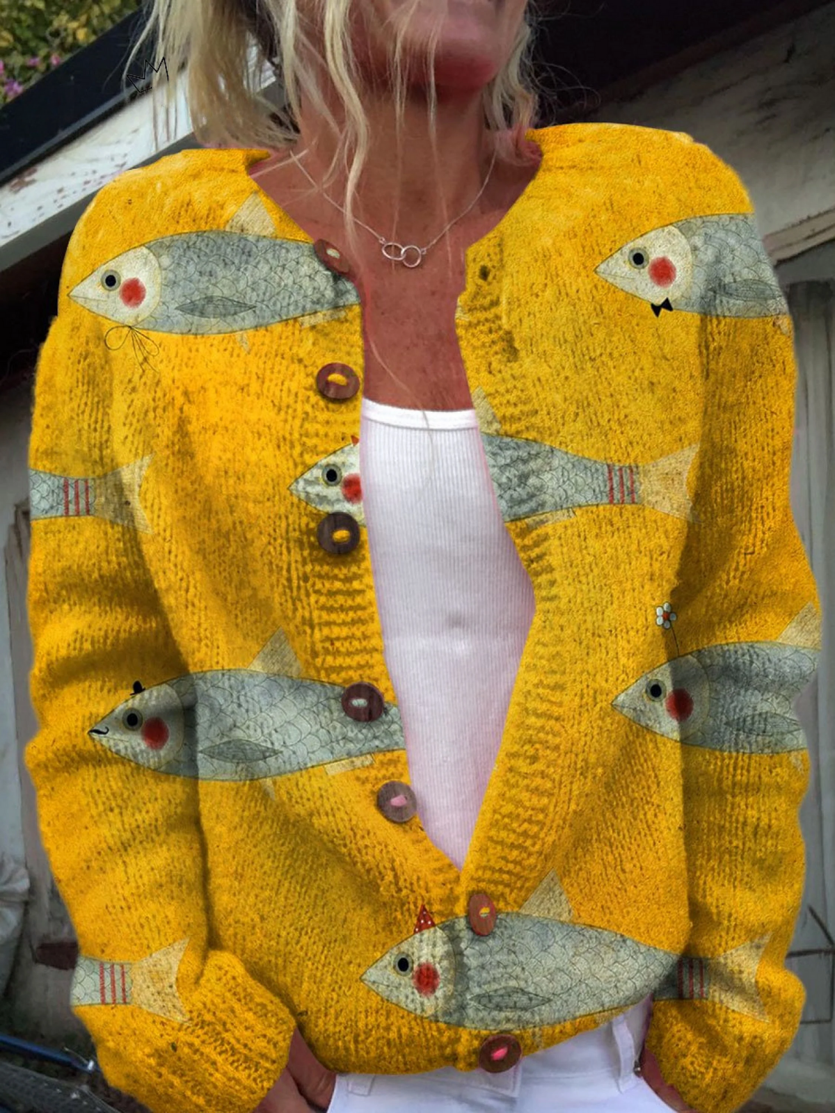 Cardigan vintage giallo con stampa di pesci