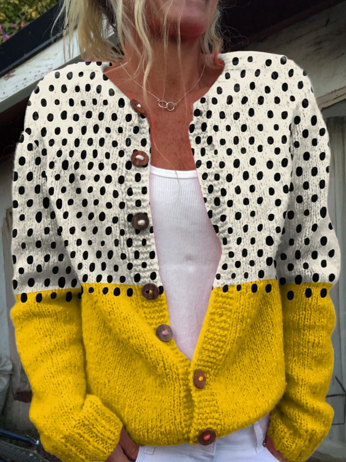 Cardigan bicolore senape con pois