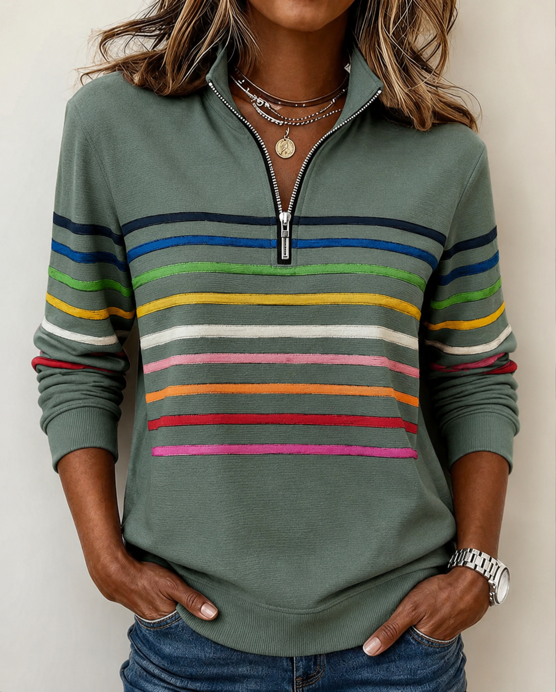 Maglione a Righe Colorate con Zip