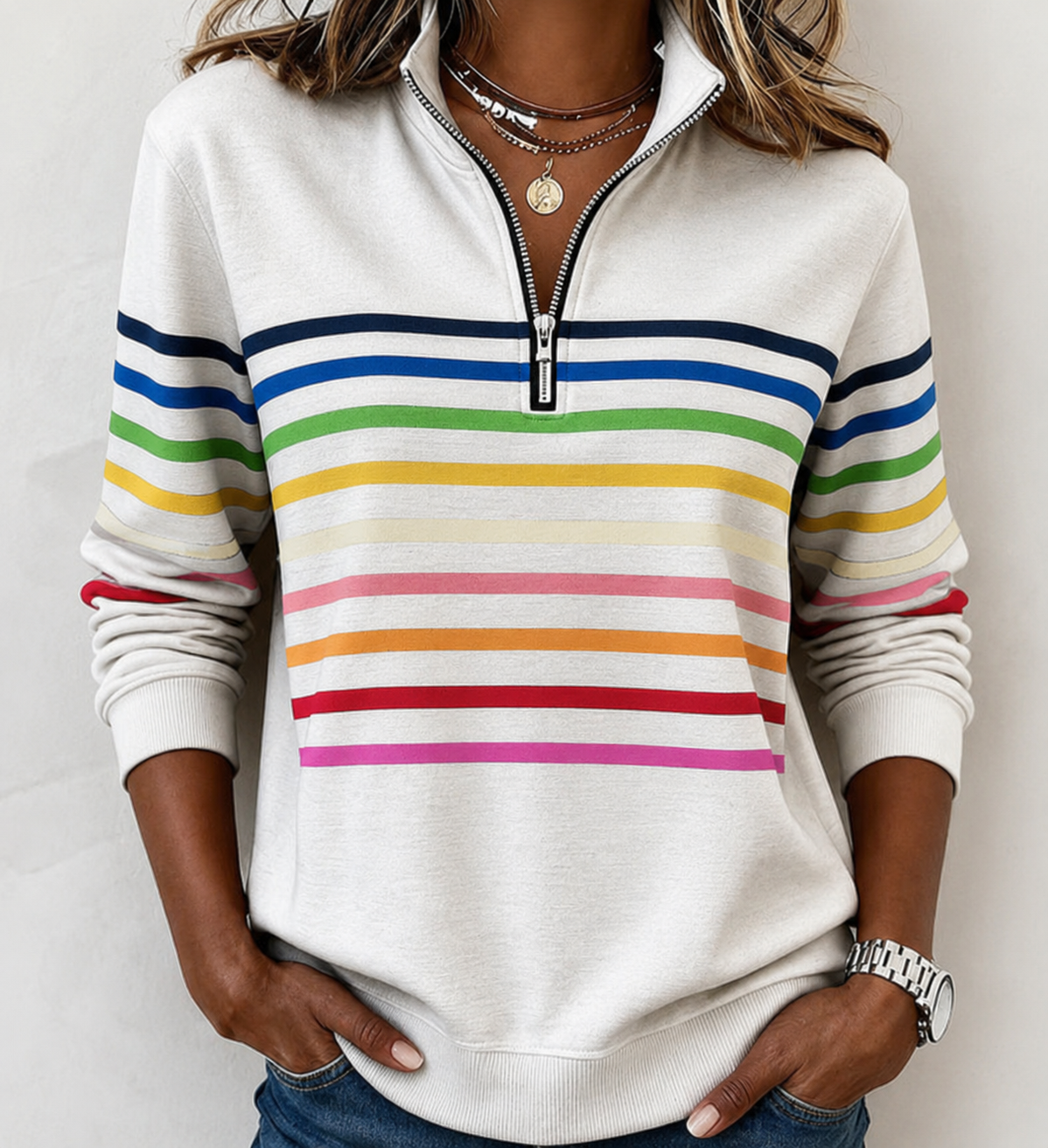 Maglione a Righe Colorate con Zip