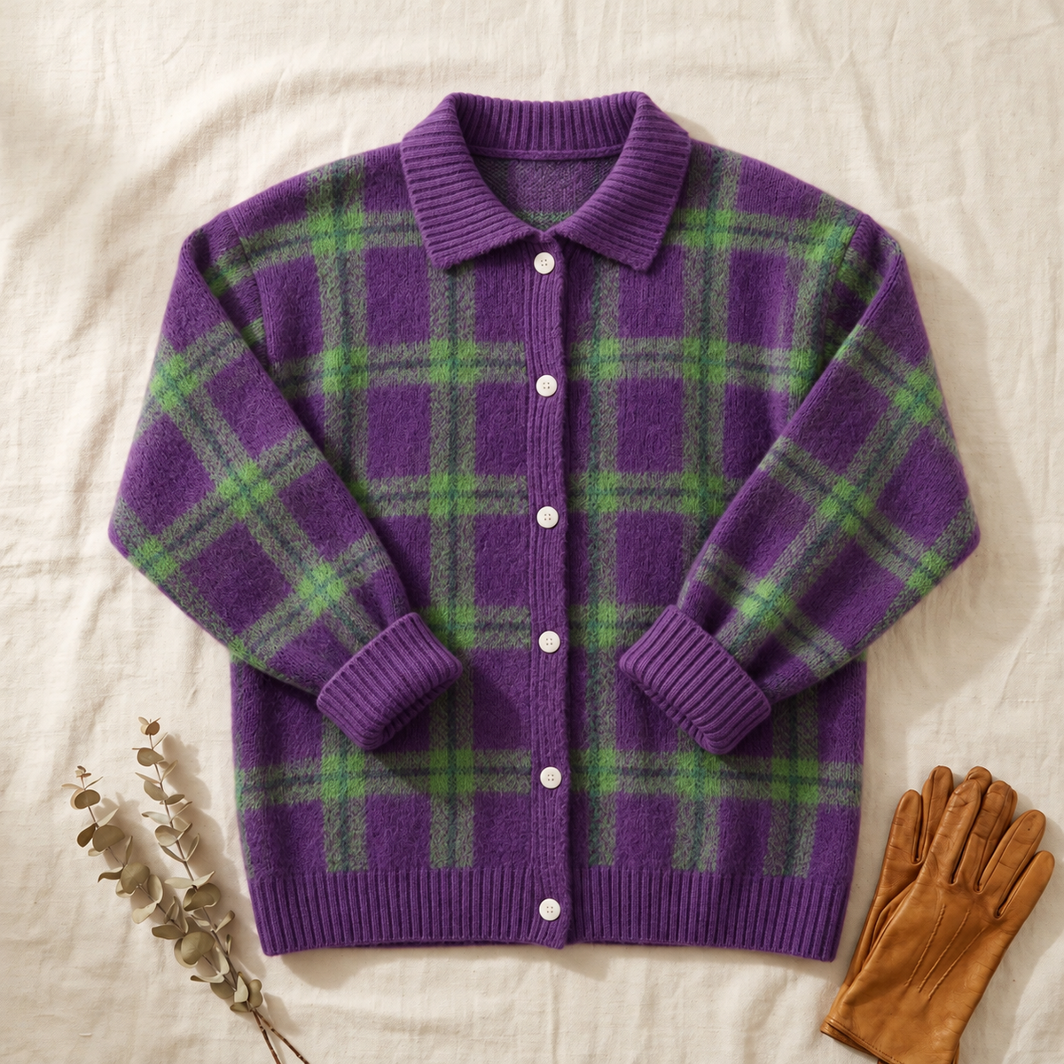 Florence – Cardigan in maglia a quadri viola scuro