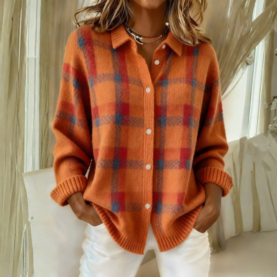 Olivia – Cardigan in maglia a quadri arancione