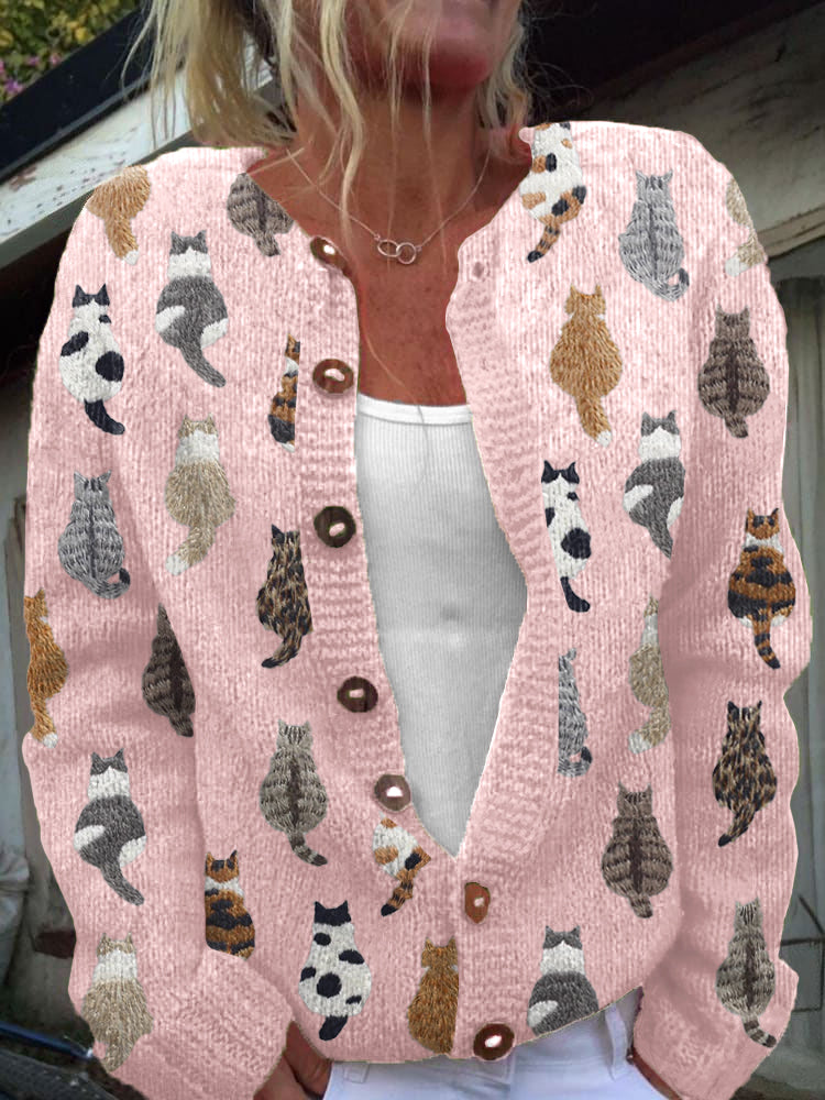Cardigan in maglia con stampa di gatti