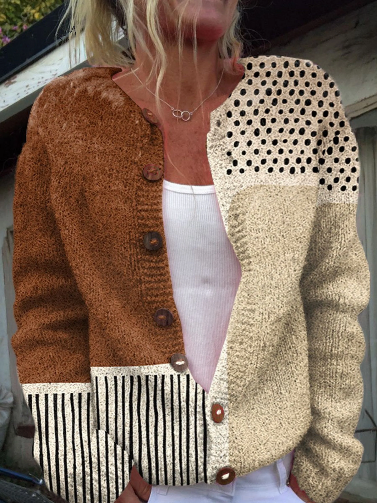 Cardigan in maglia a patchwork caramello