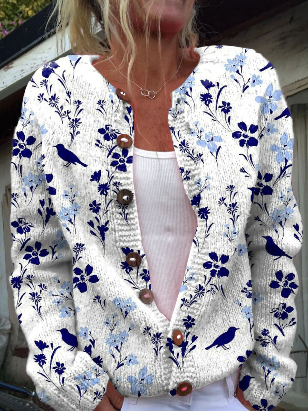 Cardigan in maglia con uccelli e fiori blu navy